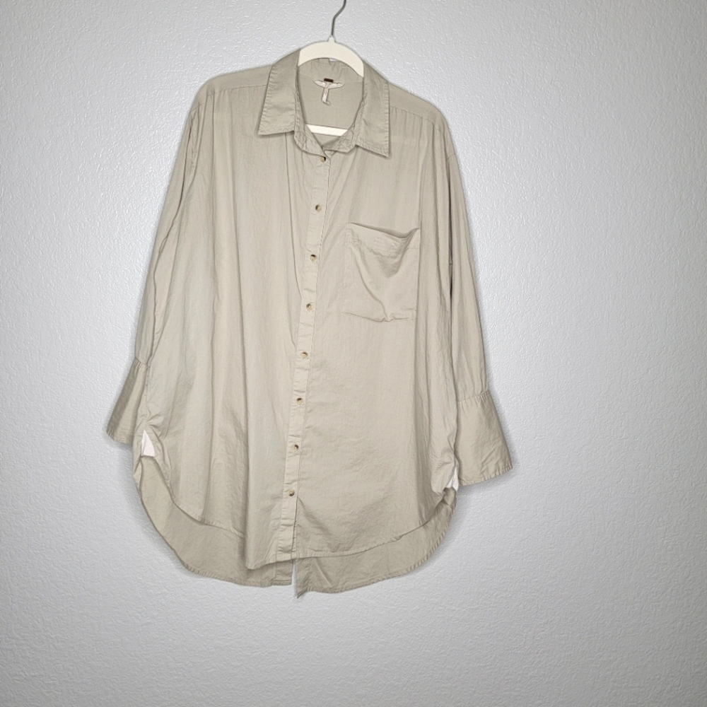 Free People Women's Khaki Oversized Button Down Tunic Shirt Size Medium